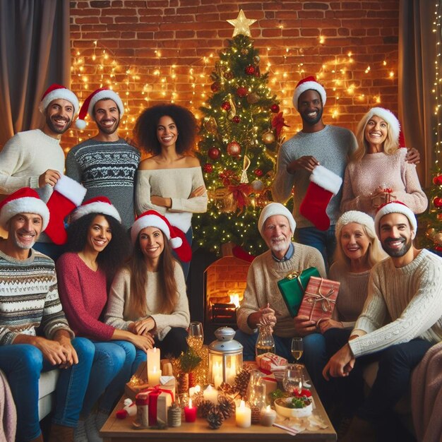 un grupo de personas están posando para una foto con un árbol de Navidad en el fondo