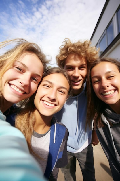 Foto un grupo de personas están posando para una foto con una chica con una mochila