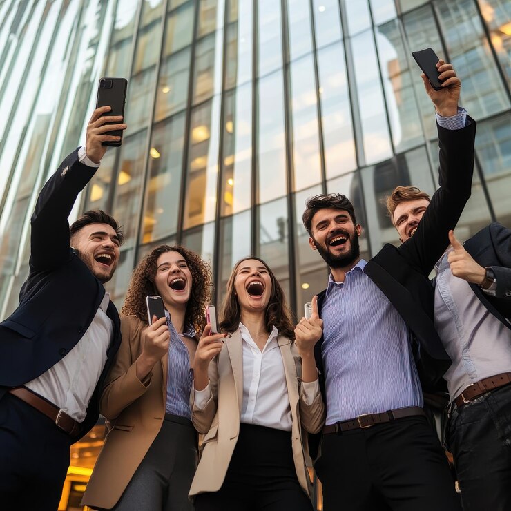 un grupo de personas están posando para una foto con sus teléfonos