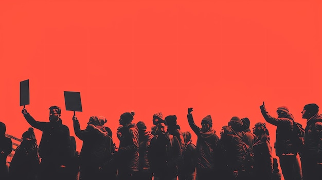 Foto un grupo de personas están protestando contra algo, están sosteniendo carteles y cantando eslóganes, el fondo es rojo, la gente está en silueta.