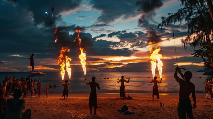 Foto un grupo de personas están realizando un espectáculo de fuego en una playa
