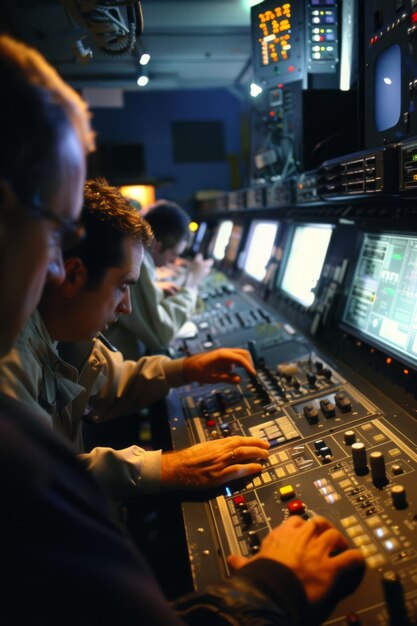 un grupo de personas están en una sala de control con un panel de control