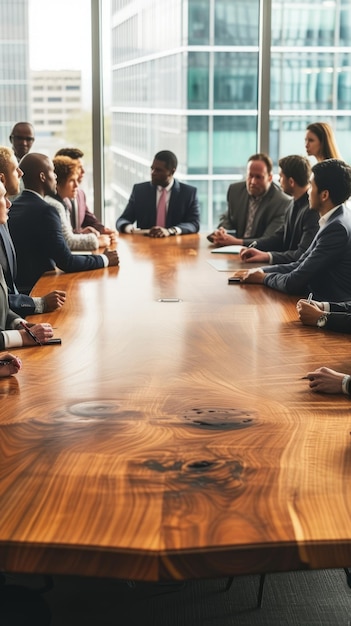 Foto un grupo de personas están sentadas alrededor de una gran mesa de madera teniendo una reunión