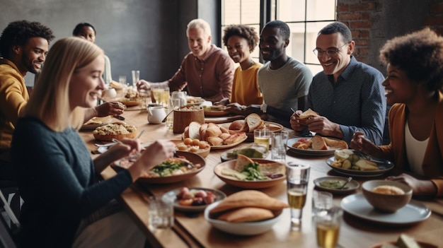 Un grupo de personas están sentadas alrededor de una mesa, comiendo y bebiendo vasos.