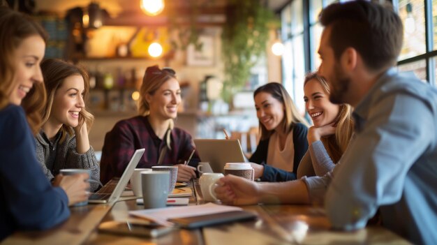 Un grupo de personas están sentadas alrededor de una mesa con computadoras portátiles AIG41