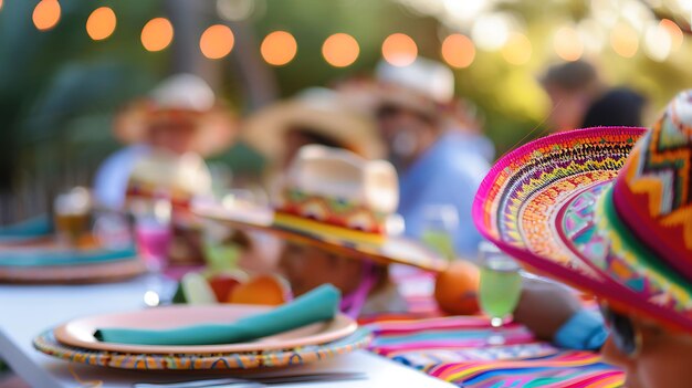 Un grupo de personas están sentadas alrededor de una mesa en una habitación bien iluminada todos llevan sombreros de colores y hay comida en la mesa