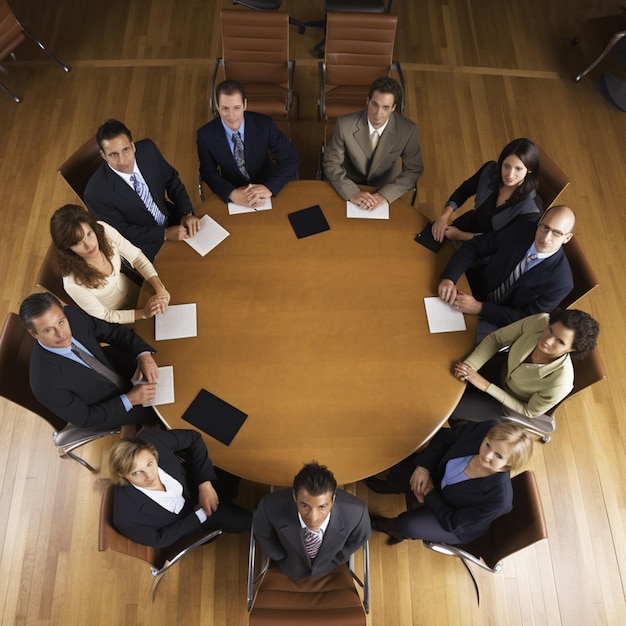 Un grupo de personas están sentadas alrededor de una mesa con papeles encima.