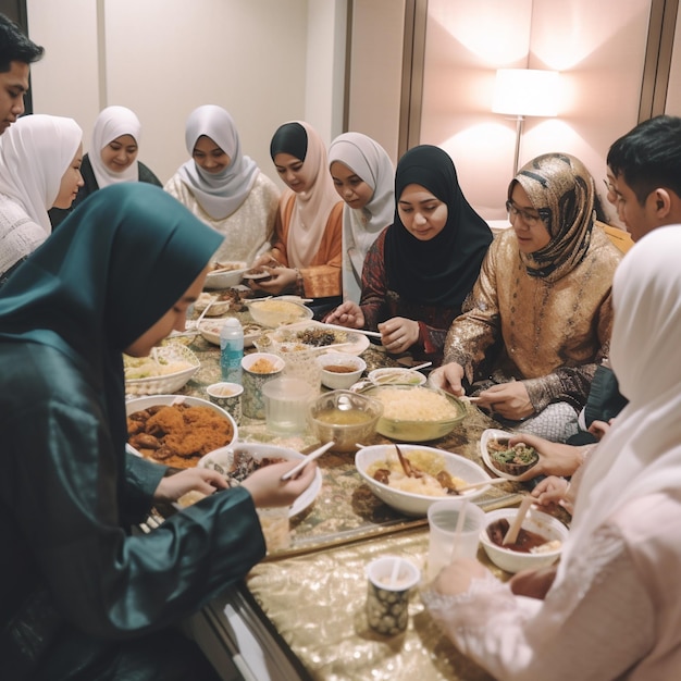 Un grupo de personas están sentadas alrededor de una mesa con un plato de comida.