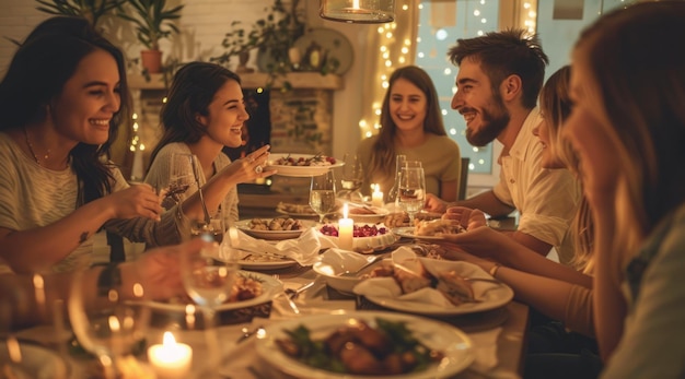 Un grupo de personas están sentadas alrededor de una mesa con platos de comida y celebrando