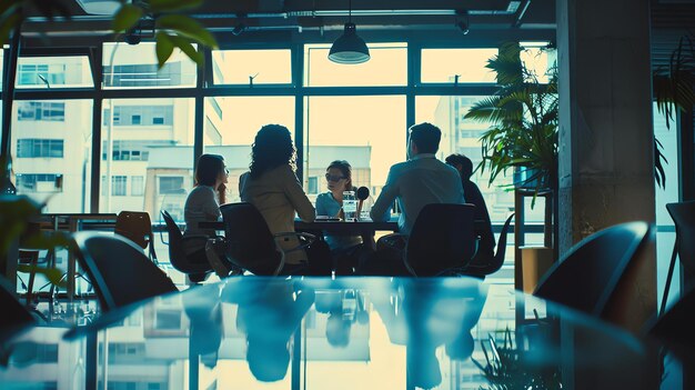 Un grupo de personas están sentadas alrededor de una mesa en una sala de conferencias todos están mirando a la mujer en la cabeza de la mesa que está hablando