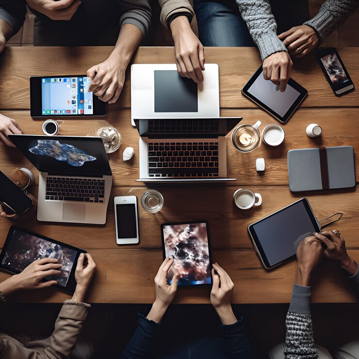 un grupo de personas están sentadas alrededor de una mesa con sus dispositivos electrónicos.