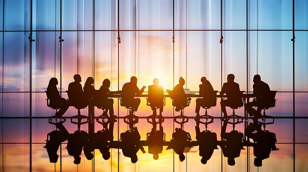 Un grupo de personas están sentadas alrededor de una mesa teniendo una reunión todos están mirando a la persona en la cabeza de la mesa que está hablando