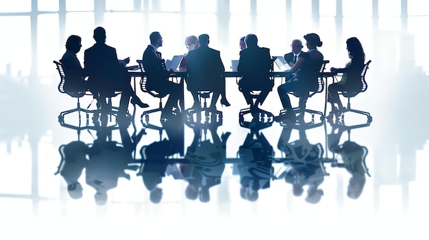 Un grupo de personas están sentadas alrededor de una mesa teniendo una reunión todos llevan trajes y corbatas y parecen serios