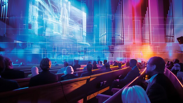 Un grupo de personas están sentadas en un banco en una iglesia están mirando una gran pantalla que muestra una imagen de una ciudad