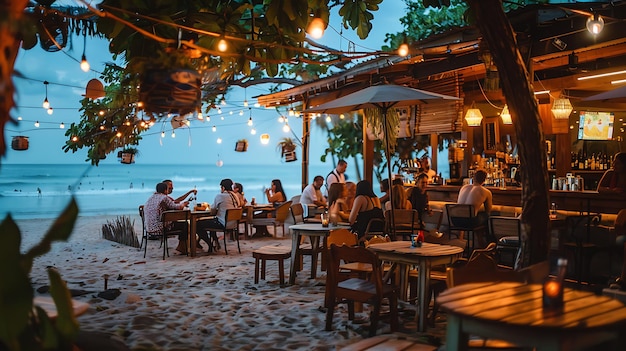 Un grupo de personas están sentadas en un bar en la playa están bebiendo y hablando y disfrutando de la vista del océano
