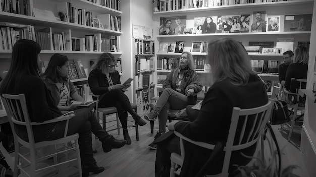 Foto un grupo de personas están sentadas en círculo en una biblioteca leyendo y discutiendo libros