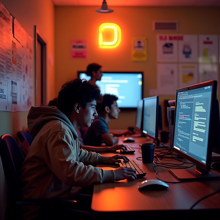 Foto un grupo de personas están sentadas en un escritorio de computadora con un letrero que dice que estoy en él