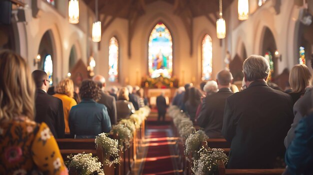 Un grupo de personas están sentadas en una iglesia la luz de las vidrieras está brillando sobre ellos