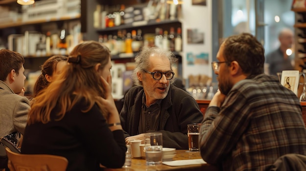 Foto un grupo de personas están sentadas en una mesa en un bar, están hablando y riendo, y parecen estar divirtiéndose.