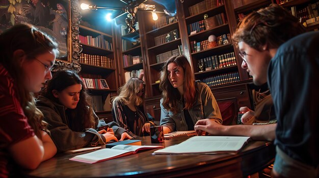 Foto un grupo de personas están sentadas en una mesa con libros y papeles en ella