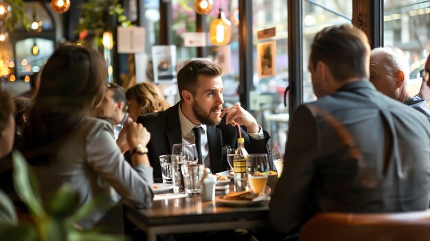 Un grupo de personas están sentadas en una mesa en un restaurante todos llevan trajes y corbatas y parecen estar teniendo una reunión de negocios