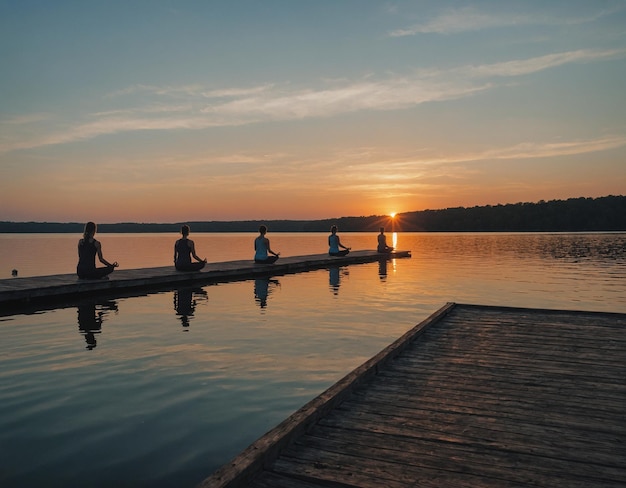 un grupo de personas están sentadas en un muelle y viendo la puesta de sol