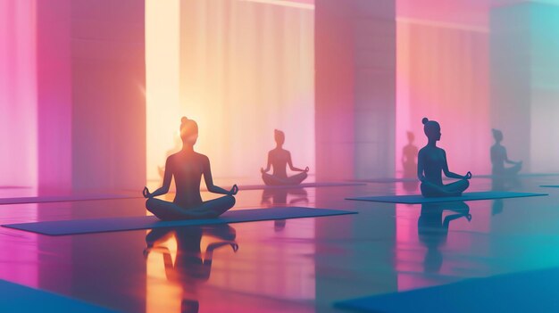 Un grupo de personas están sentadas en una postura de yoga en una habitación bien iluminada