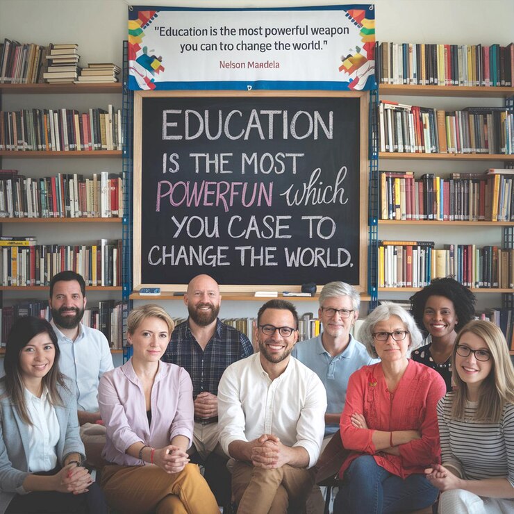 un grupo de personas están sentadas en un sofá y las palabras educación es la más poderosa