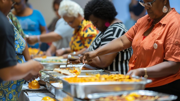 Un grupo de personas se están sirviendo comida de un buffet. Las personas son en su mayoría mujeres y todas llevan ropa casual.