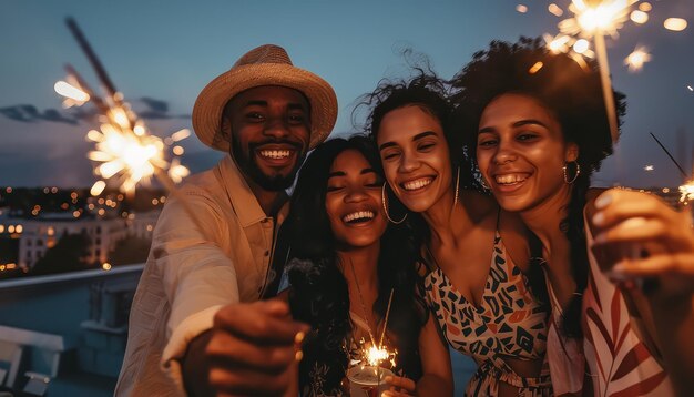 Un grupo de personas están sosteniendo chispas y sonriendo