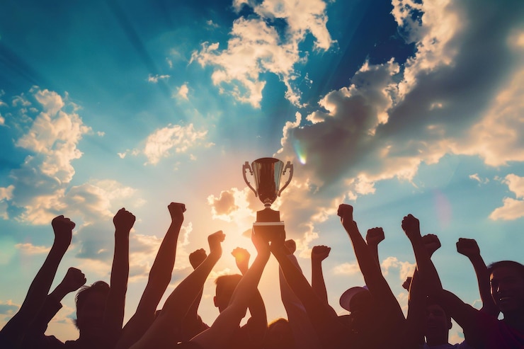 Foto un grupo de personas están sosteniendo un trofeo en el aire