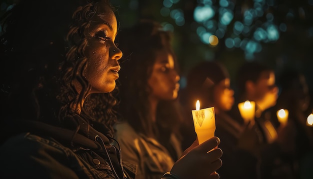 Un grupo de personas están sosteniendo velas en una habitación oscura