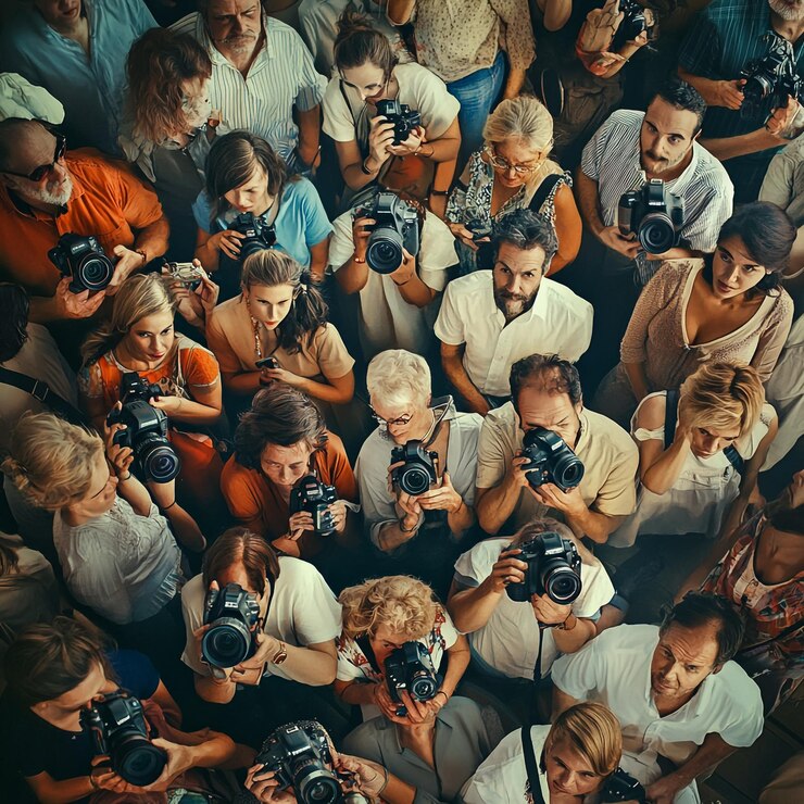 un grupo de personas están tomando fotos con cámaras