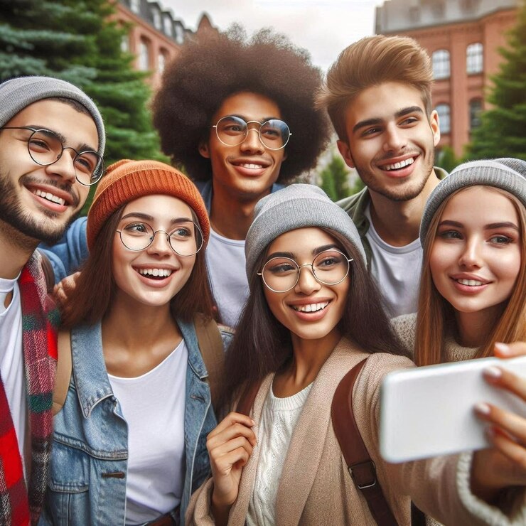 un grupo de personas están tomando una selfie con un teléfono celular