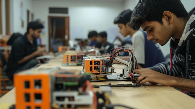 un grupo de personas están trabajando en una computadora con mucha electrónica