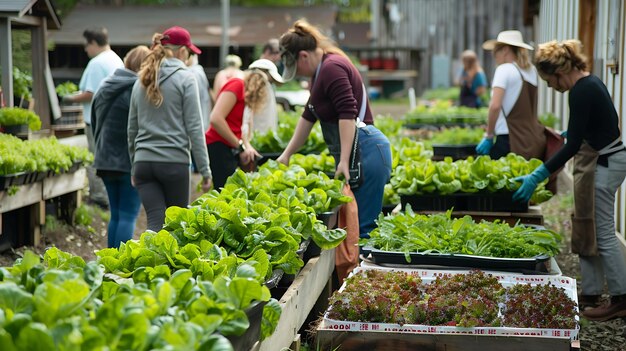 Foto un grupo de personas están trabajando en un jardín están cosechando lechuga de una cama elevada el foco está en una mujer en el centro de la imagen