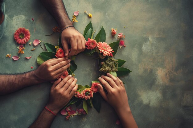 Un grupo de personas están trabajando juntas para crear una corona de flores