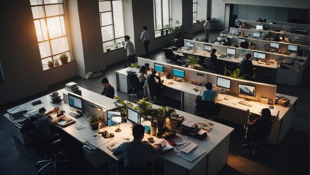 un grupo de personas están trabajando en una oficina con computadoras y computadoras