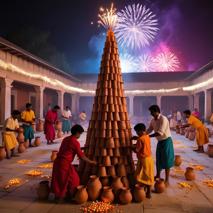 un grupo de personas están trabajando en una torre con fuegos artificiales en el fondo