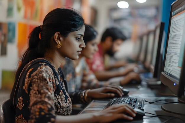 un grupo de personas están usando computadoras portátiles con la palabra en la parte superior