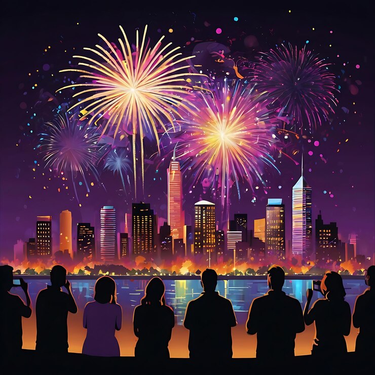 un grupo de personas están viendo fuegos artificiales con una ciudad en el fondo