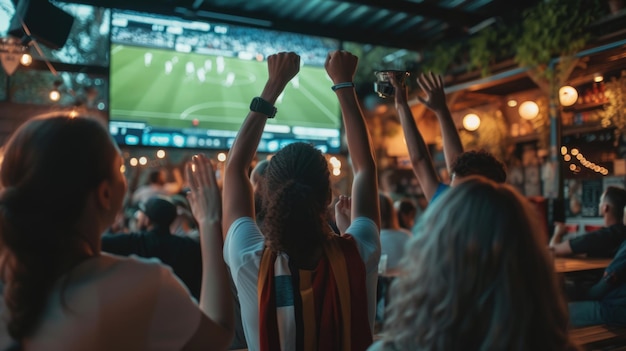 Un grupo de personas están viendo un partido de fútbol en una pantalla grande AIG41