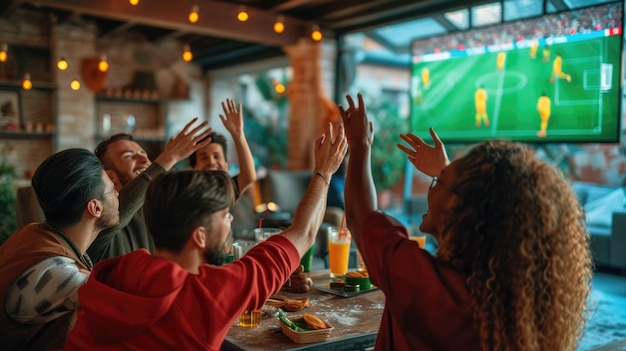 Un grupo de personas están viendo un partido de fútbol en una pantalla grande AIG41