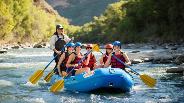 Grupo de personas felices con guía de rafting y remo en el río