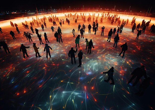 Foto un grupo de personas con feos suéteres de navidad patinando sobre hielo en un lago congelado el ángulo de la cámara es