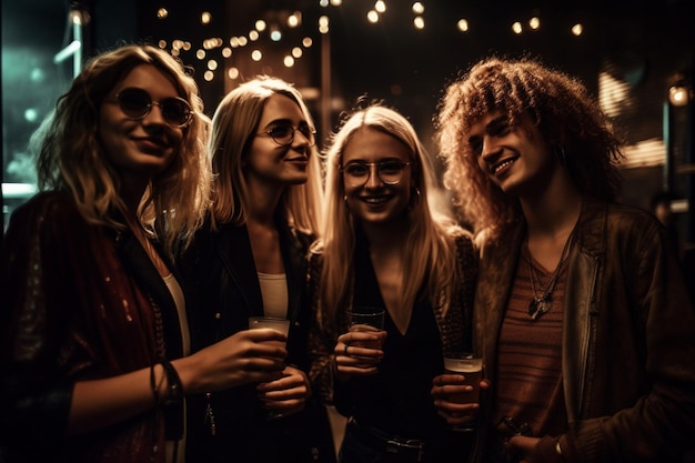 Un grupo de personas se para frente a un bar con luces al fondo.