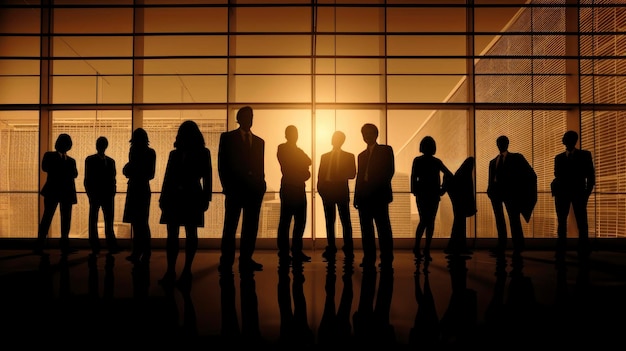 Un grupo de personas se para frente a un edificio con el sol brillando sobre él.