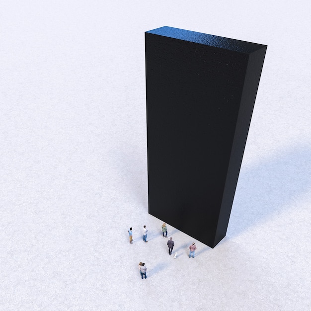 Grupo de personas frente a un gran monolito negro. Imagen de render 3d y modelos.