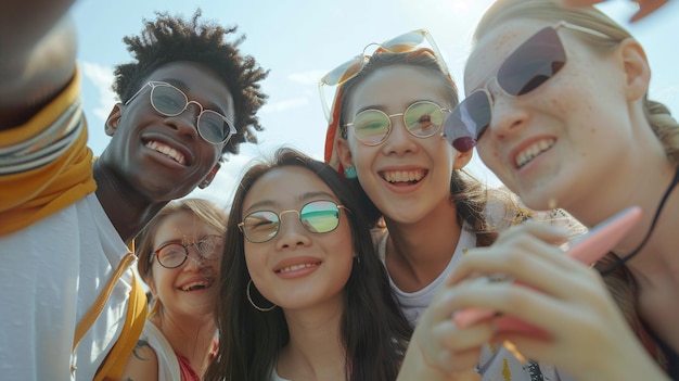 un grupo de personas con gafas de sol tomando una foto con sus teléfonos celulares