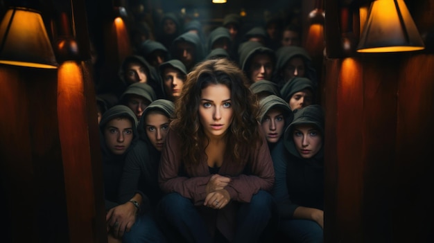 Foto grupo de personas en una habitación oscura con sudaderas con capucha
